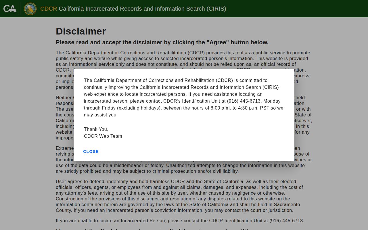 CDCR CIRIS search for Trinity County state prison records