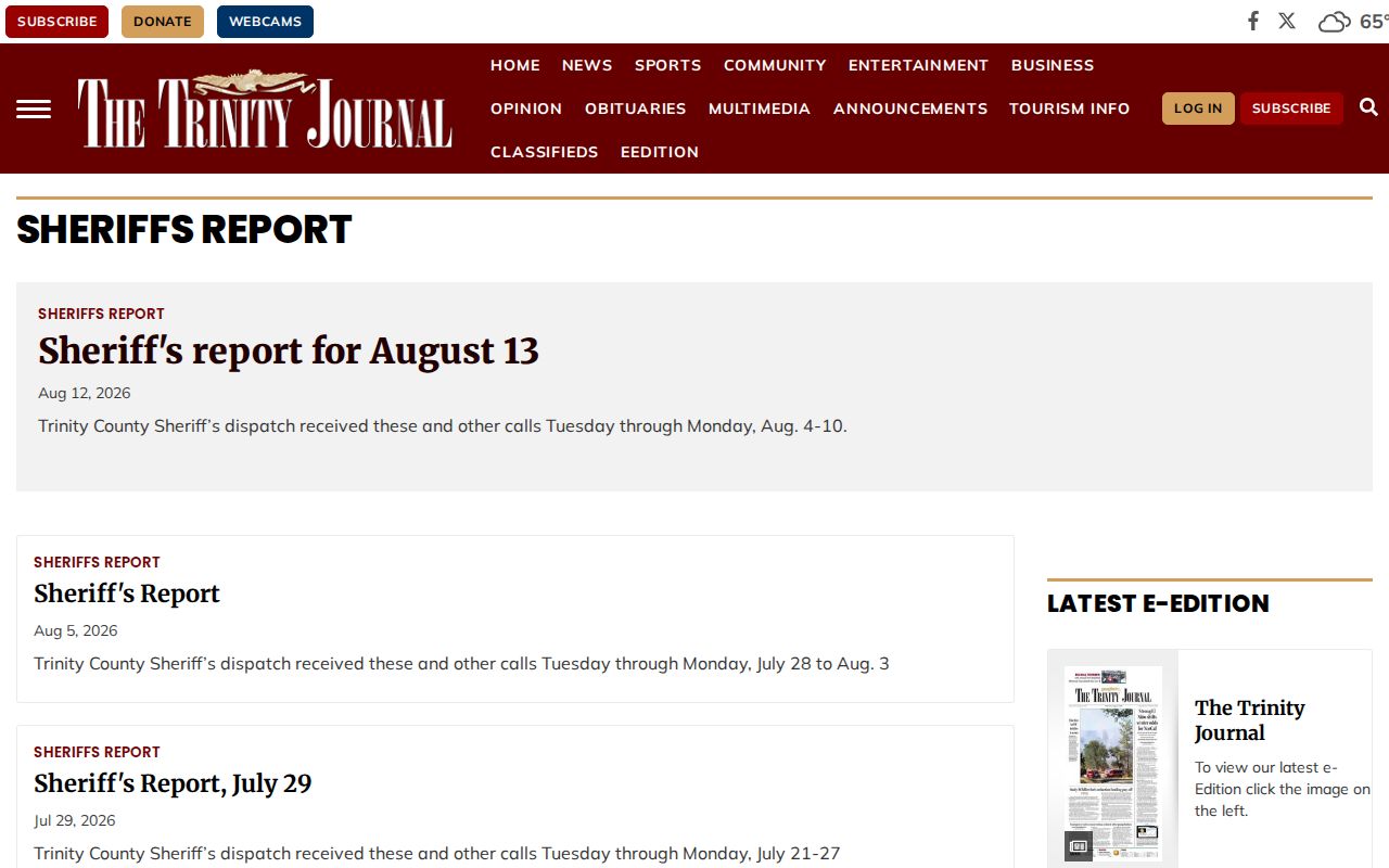 Trinity Journal weekly Sheriff report for Trinity County arrests